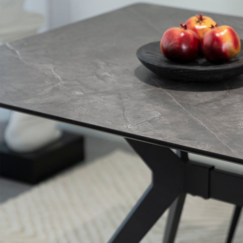 Discover the OFCASA Laila 160 cm Rectangular Dining Table with dark grey marble-effect top and sturdy metal legs. Perfect for table and 4 dining chairs in UK homes.