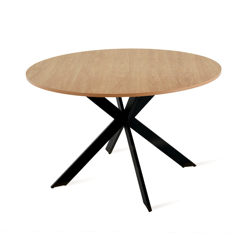 Discover the OFCASA Tilly Round Dining Table. 120 cm wood-effect melamine top, sturdy metal X-legs, and easy assembly—perfect for table and 4 dining chairs in modern UK homes.