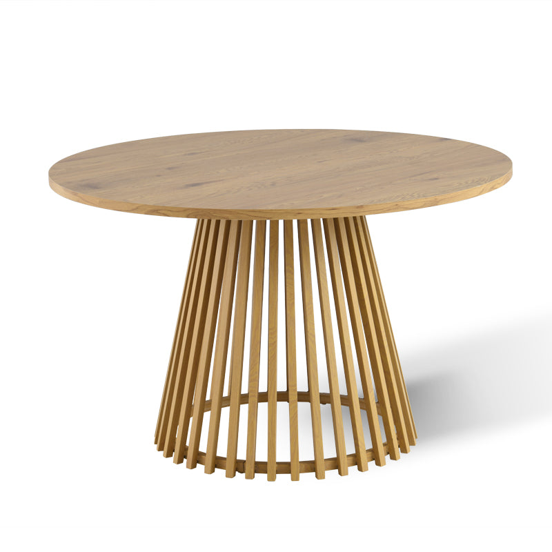 Discover the OFCASA Veronica 120 cm Round Dining Table with oak-effect top and sculptural metal base. Ideal for table and 4 dining chairs in modern UK homes.