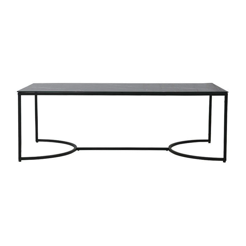 Ofcasa Rectangular Coffee Table with Black Metal Frame and Marble-Patterned Glass Top