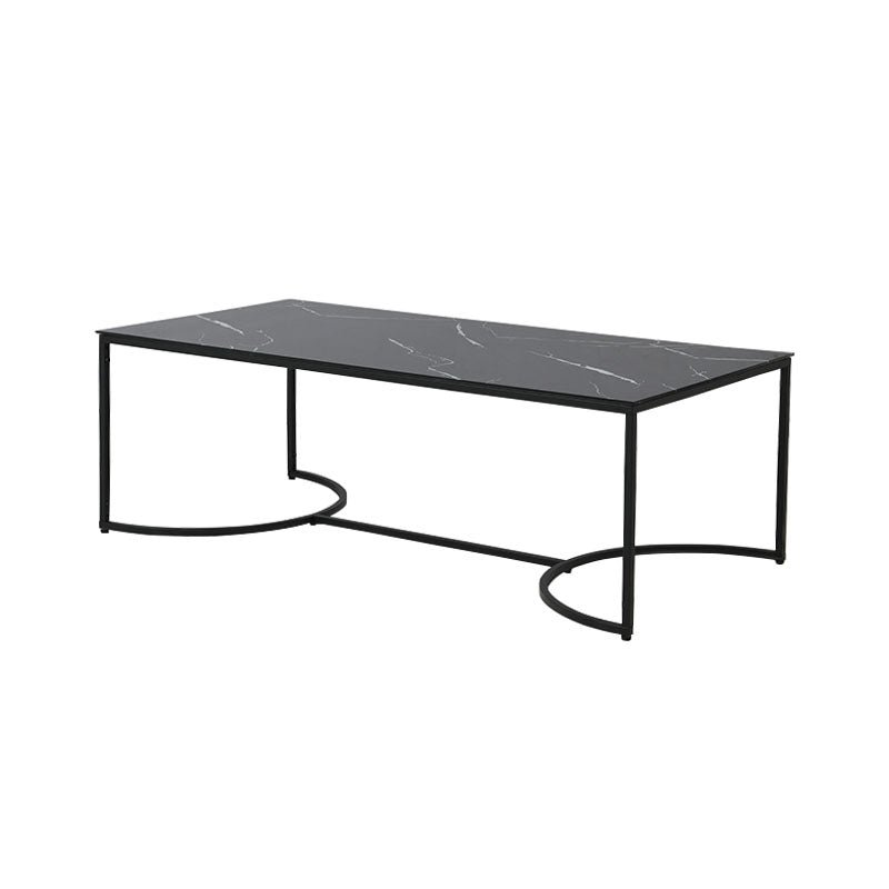 Ofcasa Rectangular Coffee Table with Black Metal Frame and Marble-Patterned Glass Top